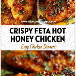 Golden crispy feta chicken breast drizzled with hot honey and garnished with fresh herbs served for summer dinner.